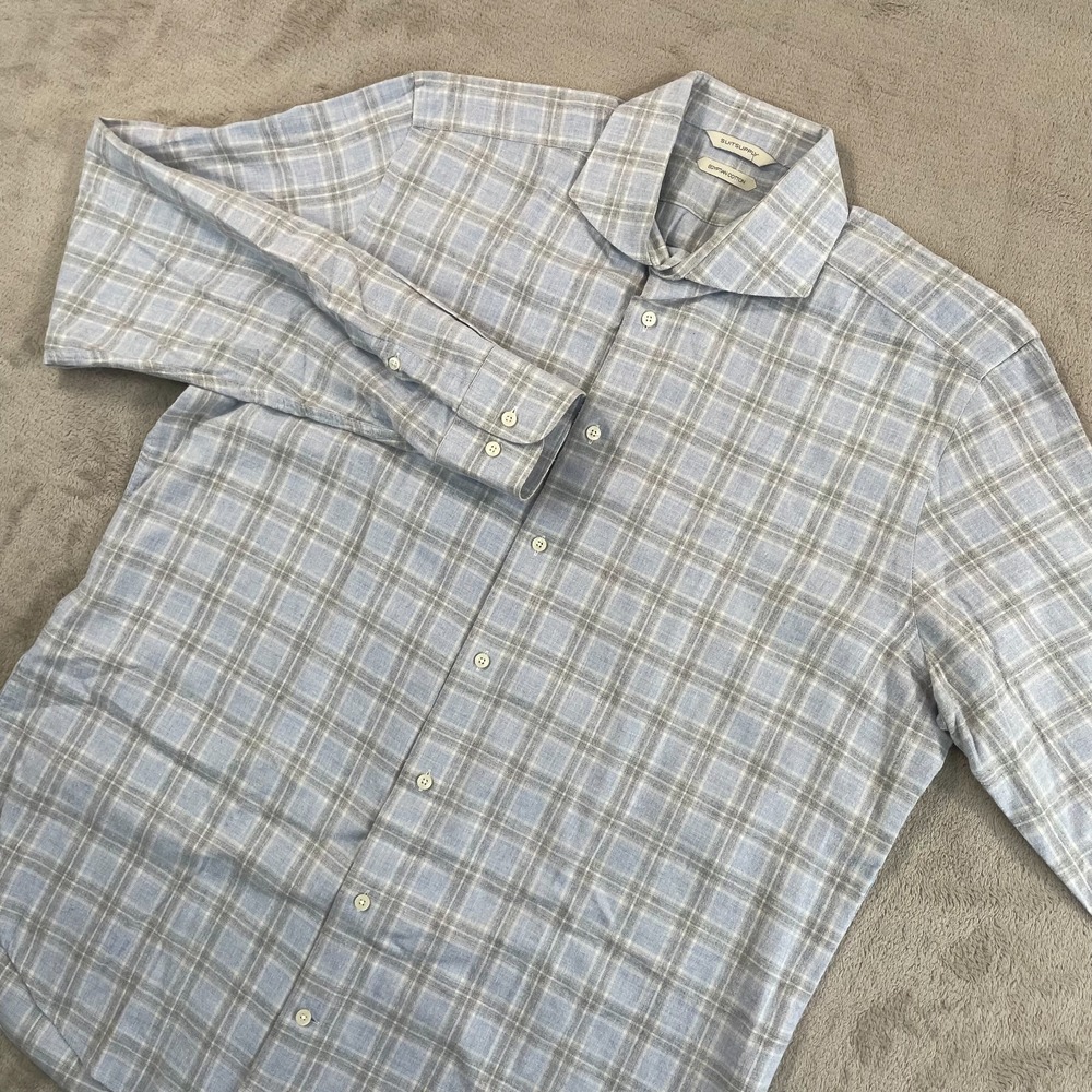 SuitSupply Dress Shirt Men 17 43 XL Blue Gray Plaid Egyptian Cotton Slim Fit CEO
